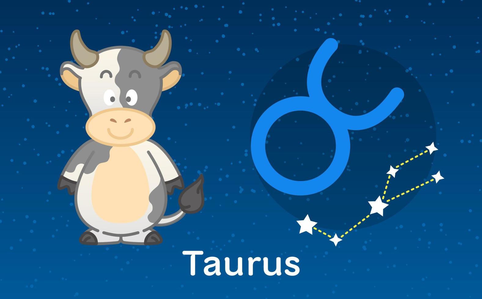 söt tecknad astrologi av taurus zodiac med konstellationer tecken. vektor illustration på stjärnorna himmel bakgrund