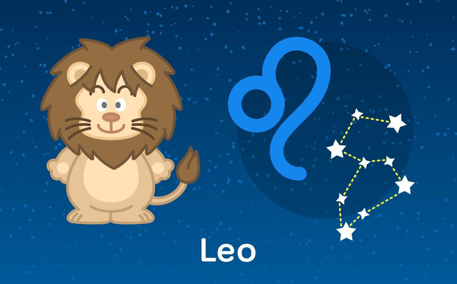söt tecknad astrologi av leo zodiaken med konstellationer tecken. vektor illustration på stjärnorna himmel bakgrund