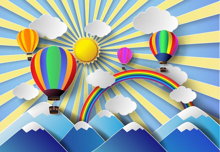 Vektor illustration solljus på moln med varmluftsballong.