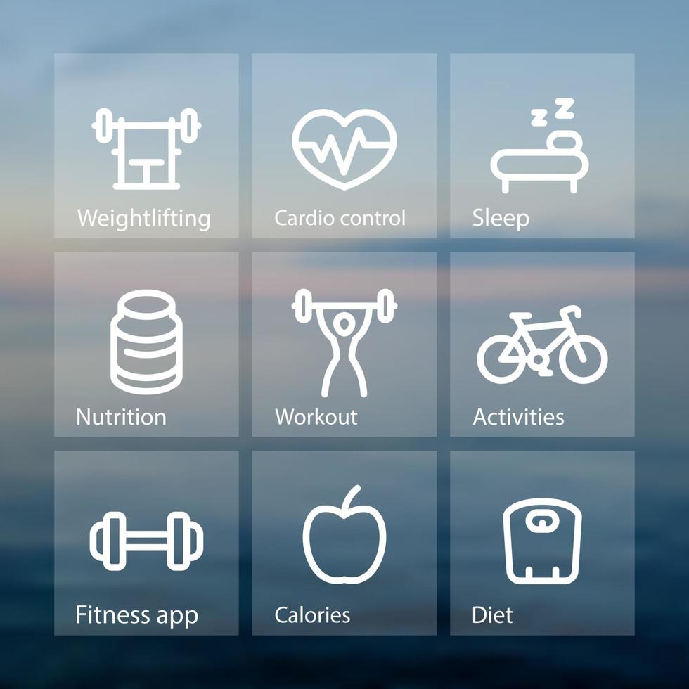 fitness tjocka linjer ikoner, passform och aktiv livsstil, styrketräning, träning, vektor piktogram på genomskinliga rutor