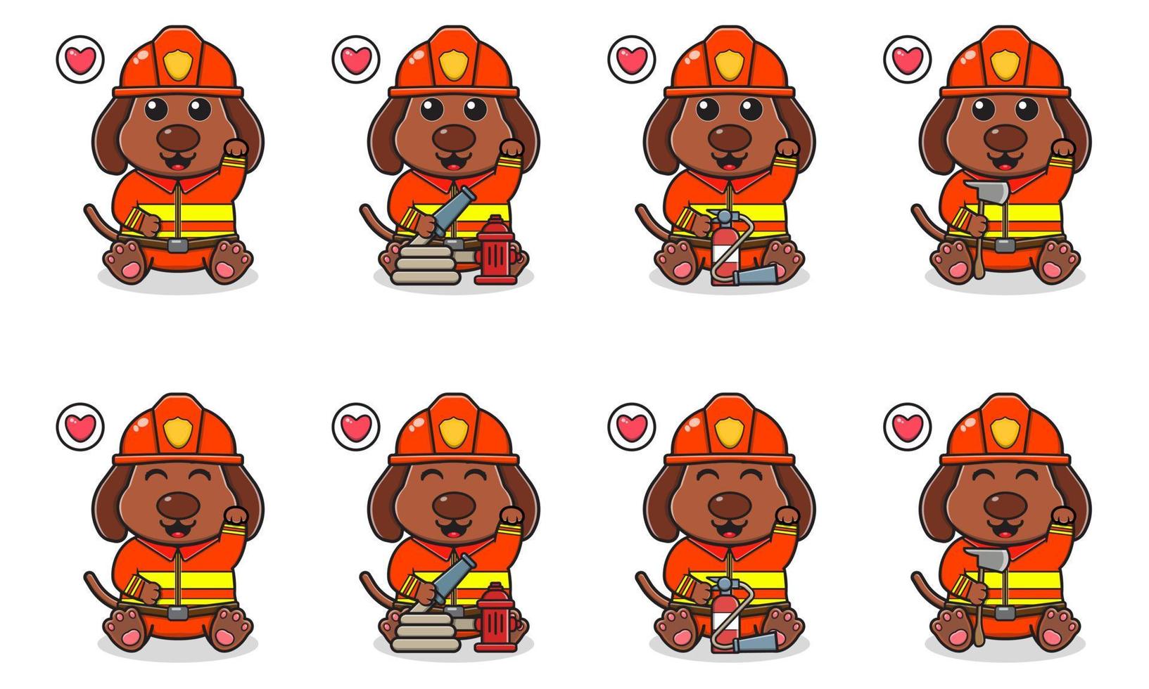 vektor illustration av söt sittande hund tecknad med brandman kostym och hand upp pose.