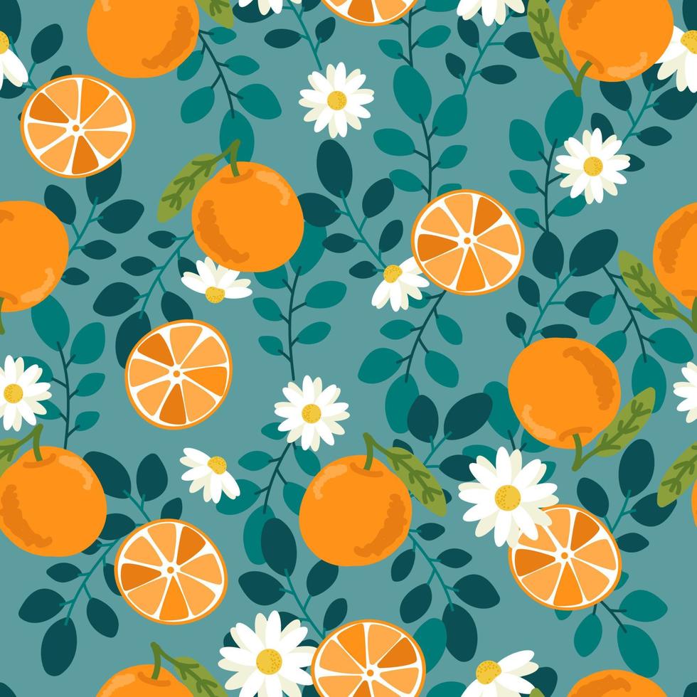 söt hand rita orange frukt och skiva på grön bakgrund sömlösa mönster vektor
