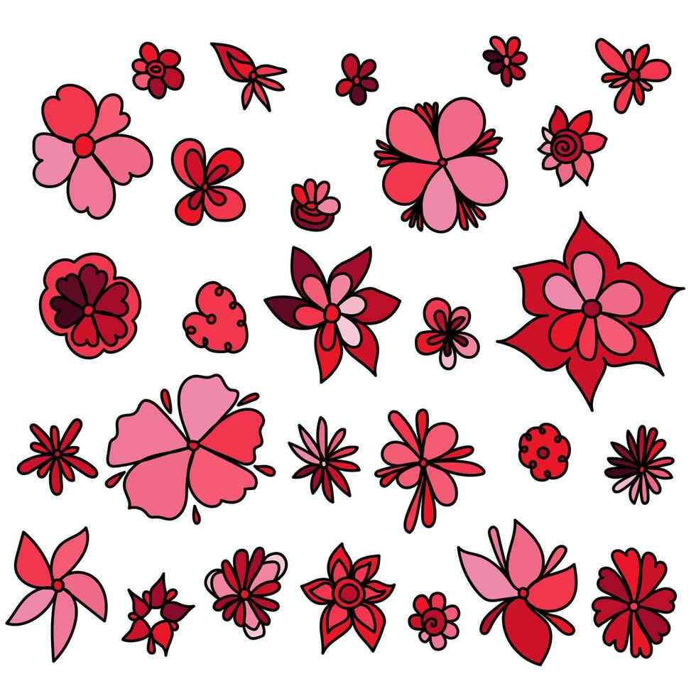 Set von Doodle-Blumen für Design, blühende Pflanzen in Rottönen vektor