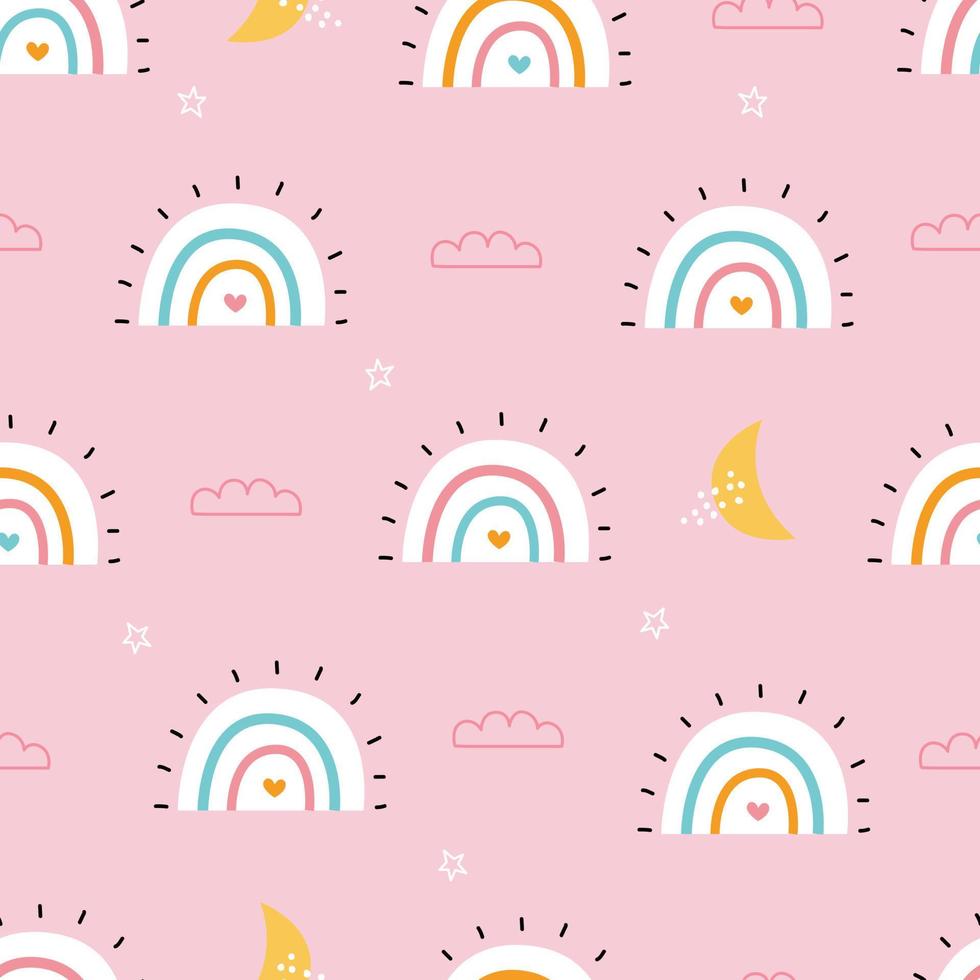 sömlös baby mönster regnbåge med moln på rosa bakgrund, handritad, designad i en tecknad stil. dusat för tryck, dekorativa tapeter, babyklädermotiv, textilier vektor