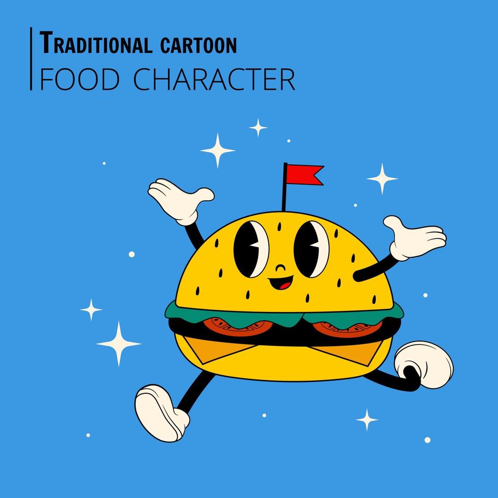 lebensmittelcharakter im stil eines traditionellen cartoons. stylischer Burger-Charakter. vektor
