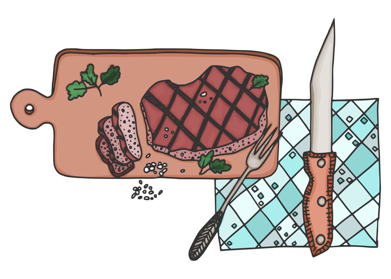 Geschnittenes Fleisch mit Salz eine Delikatesse. Doodle-Vektor vektor