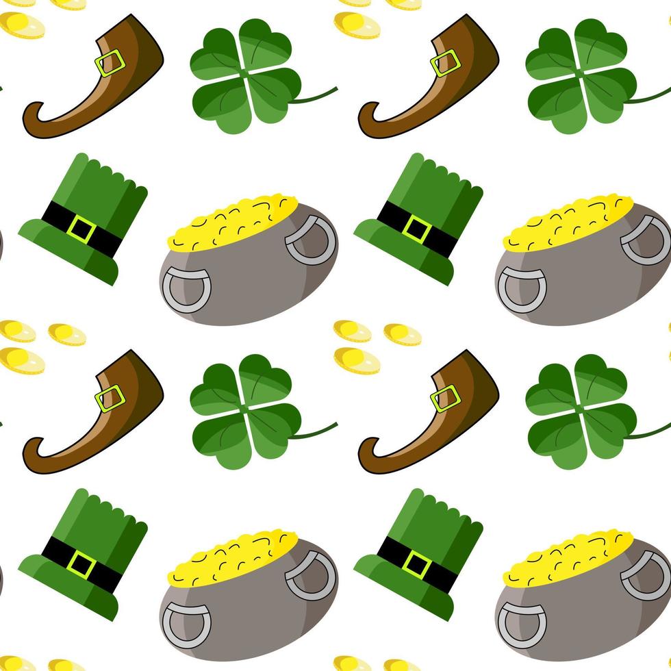 sömlösa mönster av st patrick's day med trollhatt, kruka med guld, trollkängor och klöverbladelement på vit bakgrund. perfekt för tapeter, gratulationskort, presentpapper, tyg vektor