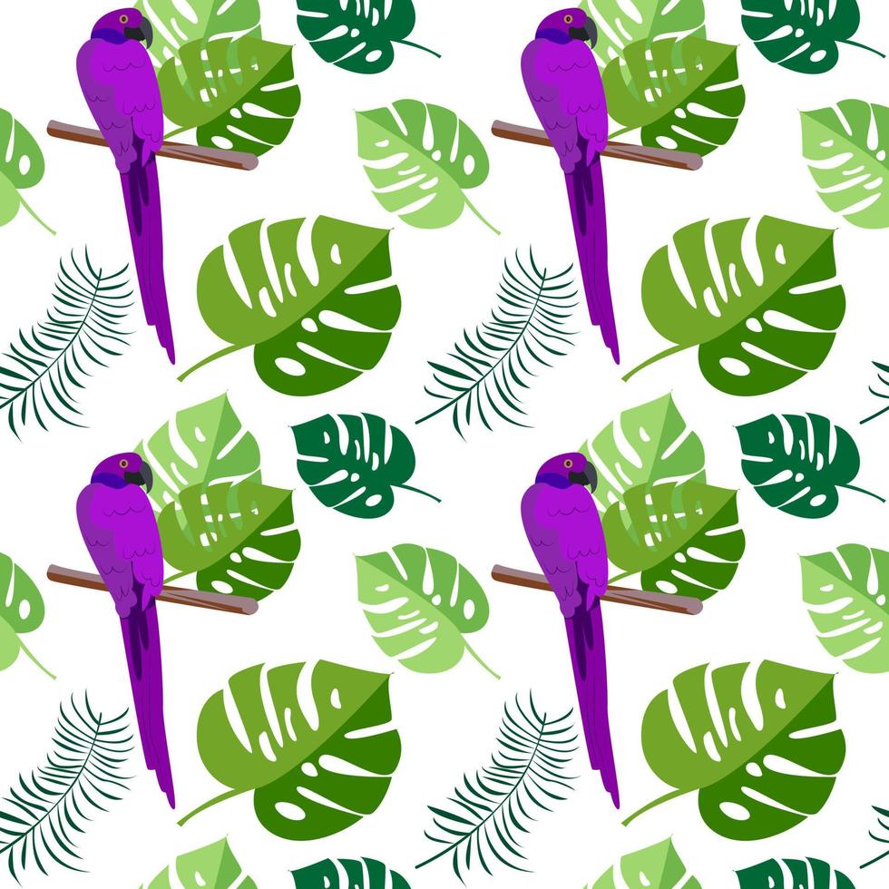 tropiska sömlösa mönster med papegoja och exotiska blad. vektor söt tecknad illustration