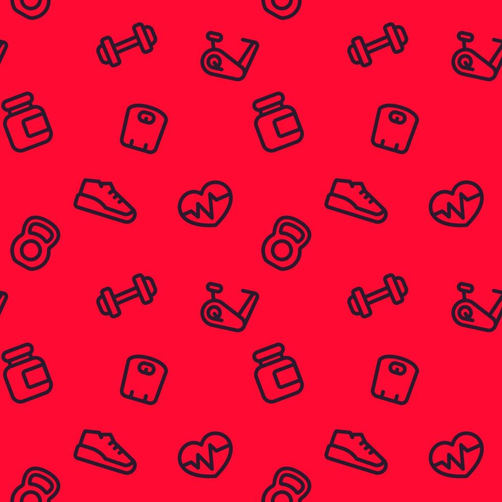 fitness mönster, sömlös röd bakgrund med linjära gym ikoner vektor