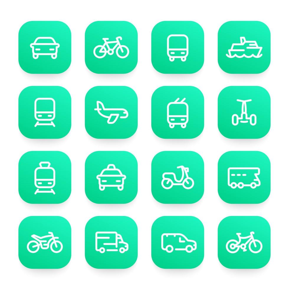 Symbole für Transportlinien, Schiff, Zug, Flugzeug, Fahrrad, Auto, Motorrad, Bus, Taxi, Trolleybus, U-Bahn, Luft- und Seeverkehr vektor