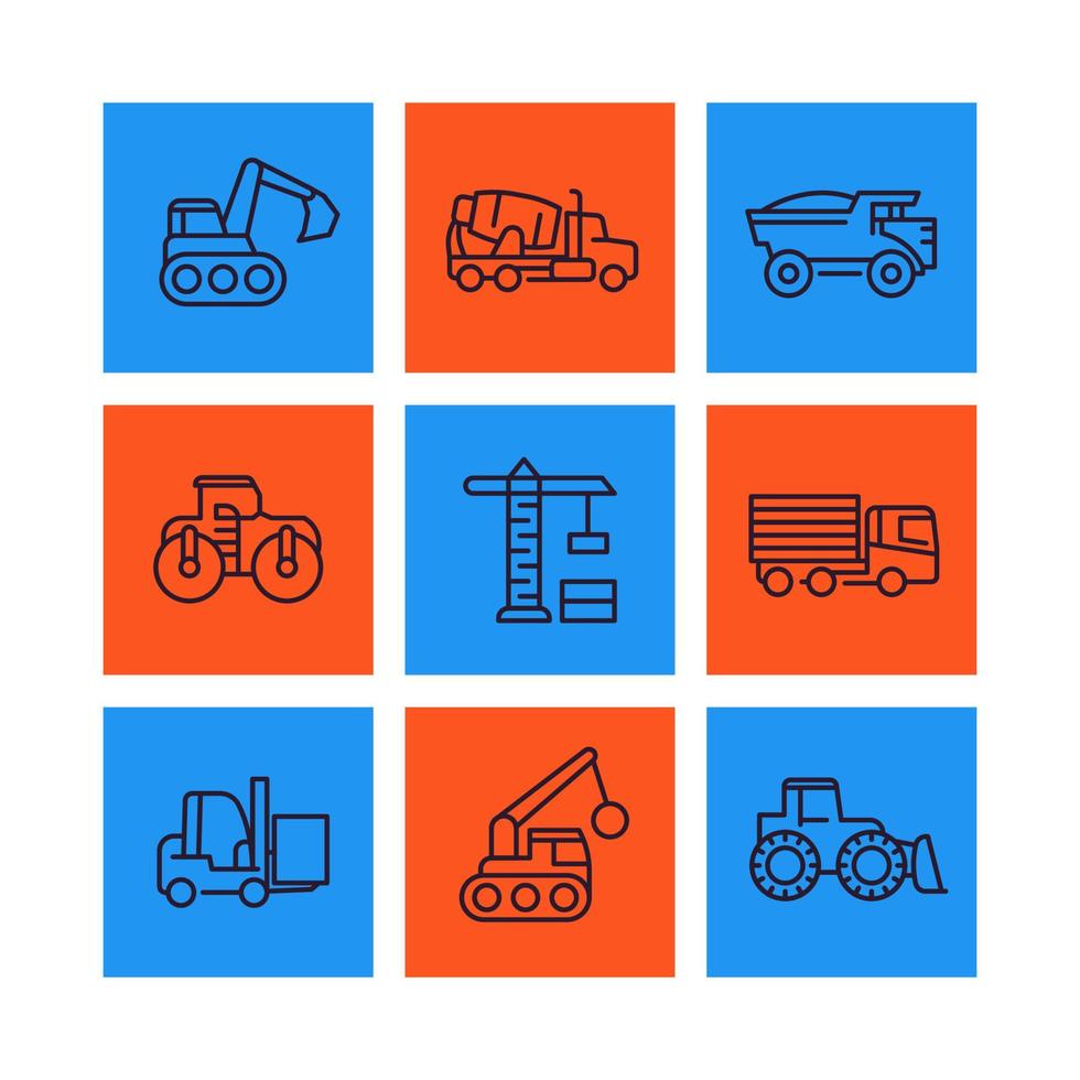 byggfordon linje ikoner set, tunga maskiner, grävare, lastbil, grävmaskin, lastare vektor tecken