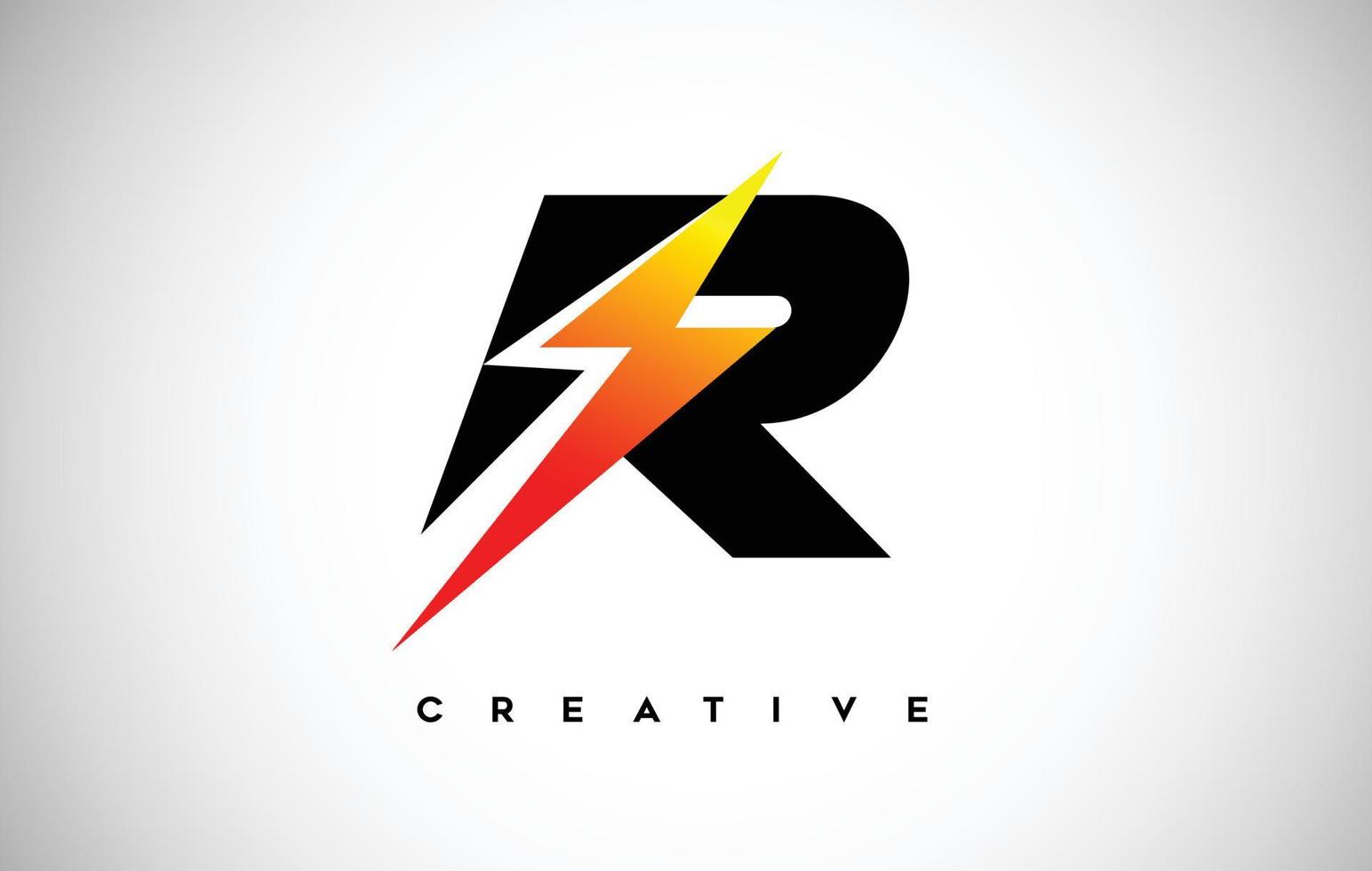 bokstaven r thunderbolt logotyp koncept med svart bokstav och orange gul åska. vektor