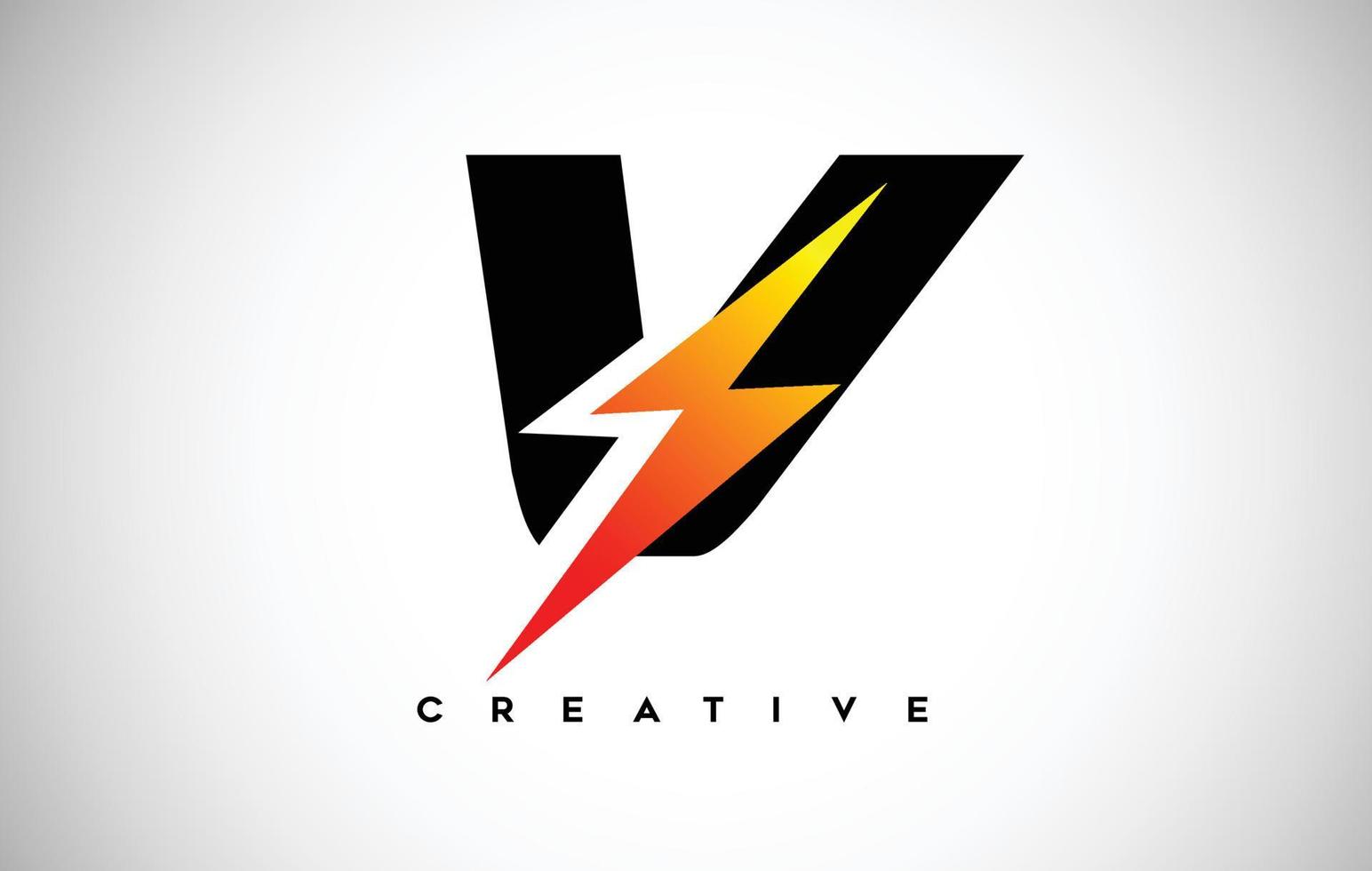 bokstaven v thunderbolt logotyp koncept med svart bokstav och orange gul åska. vektor