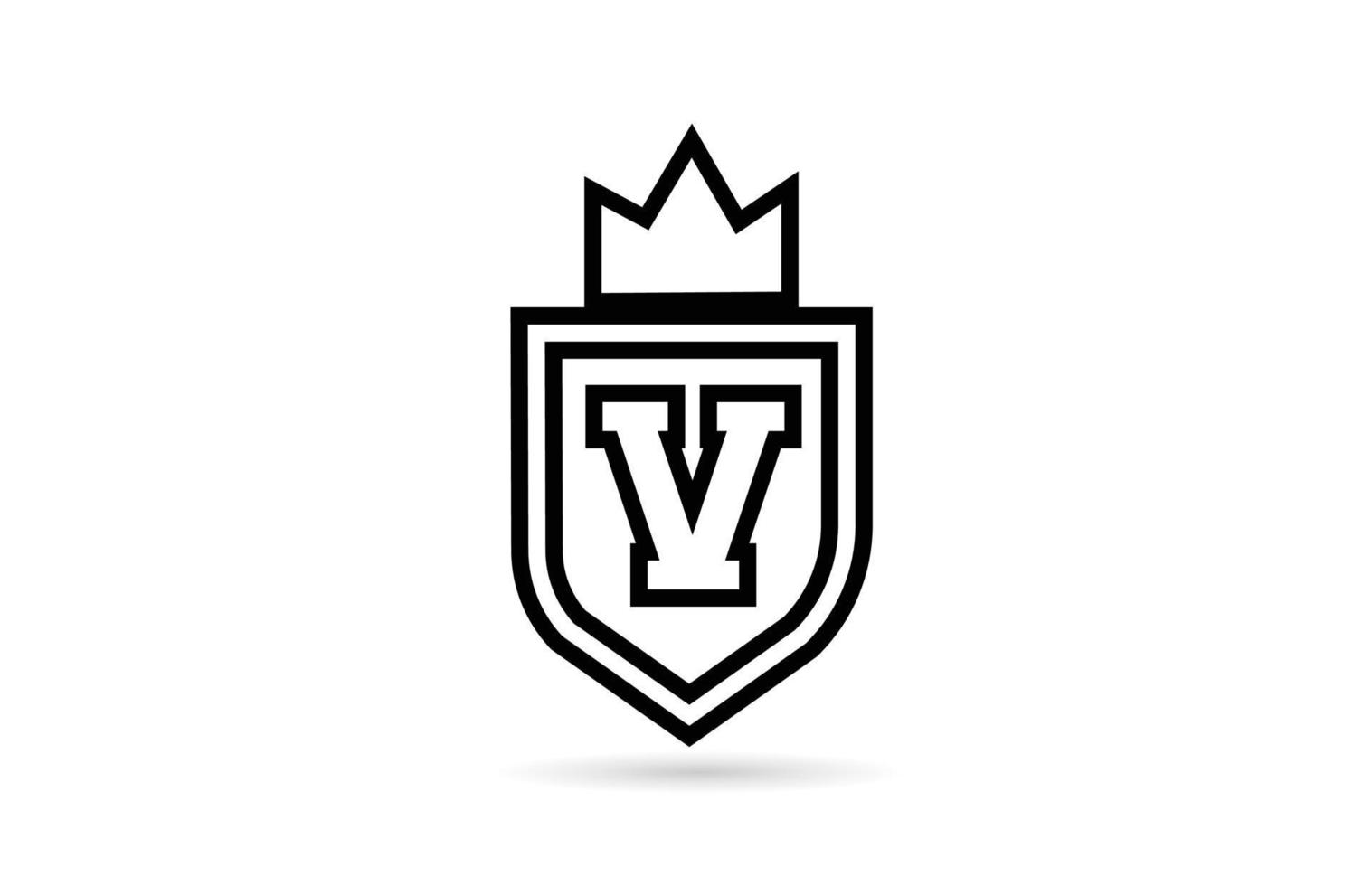 svart och vit v alfabetet bokstavsikon logotyp med sköld och kung krona linje design. kreativ mall för företag och företag vektor