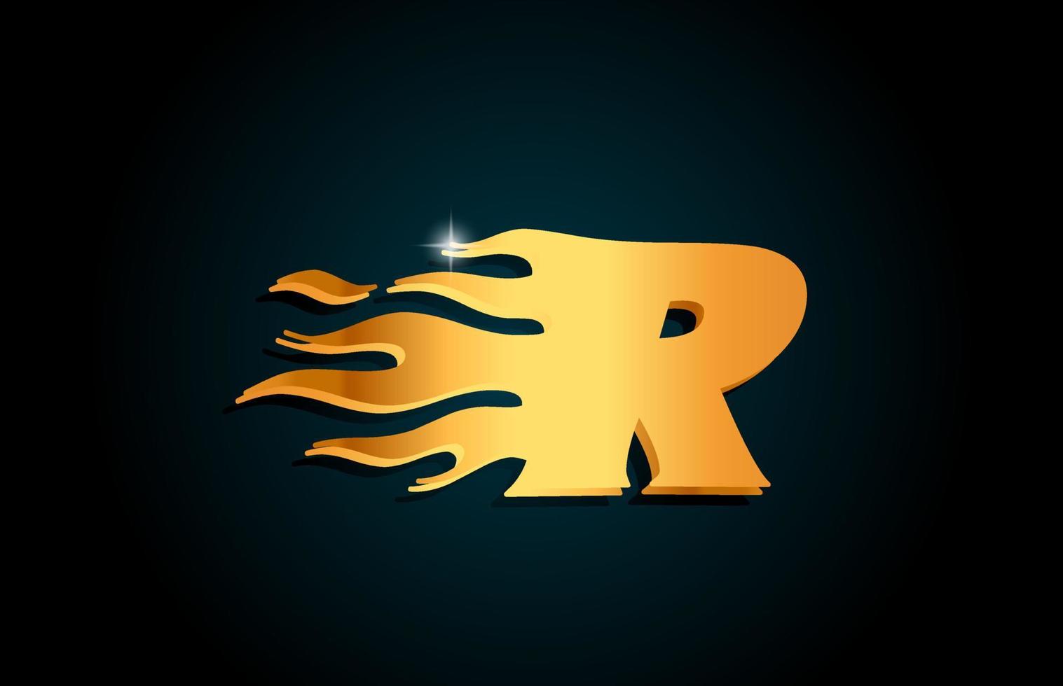 gold r alphabet buchstabe symbol logo design. kreative vorlage für geschäfte mit goldenen flammen vektor