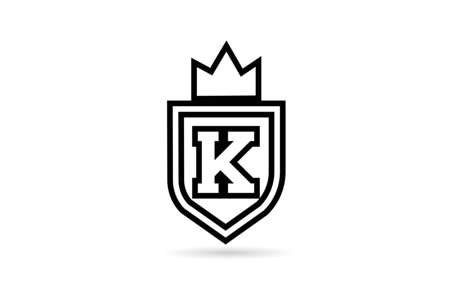 svart och vit k alfabetet bokstavsikon logotyp med sköld och kung krona linje design. kreativ mall för företag och företag vektor