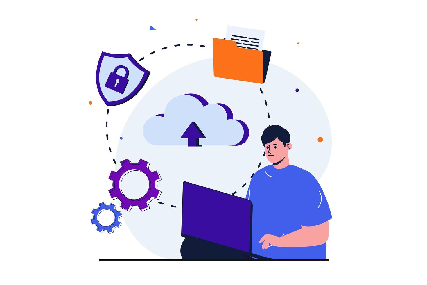 cloud computing modernt platt koncept för webbbannerdesign. man arbetar på bärbar dator och överför filer, skapar säkerhetskopior, lagrar data i molnlagring. vektor illustration med isolerade människor scen