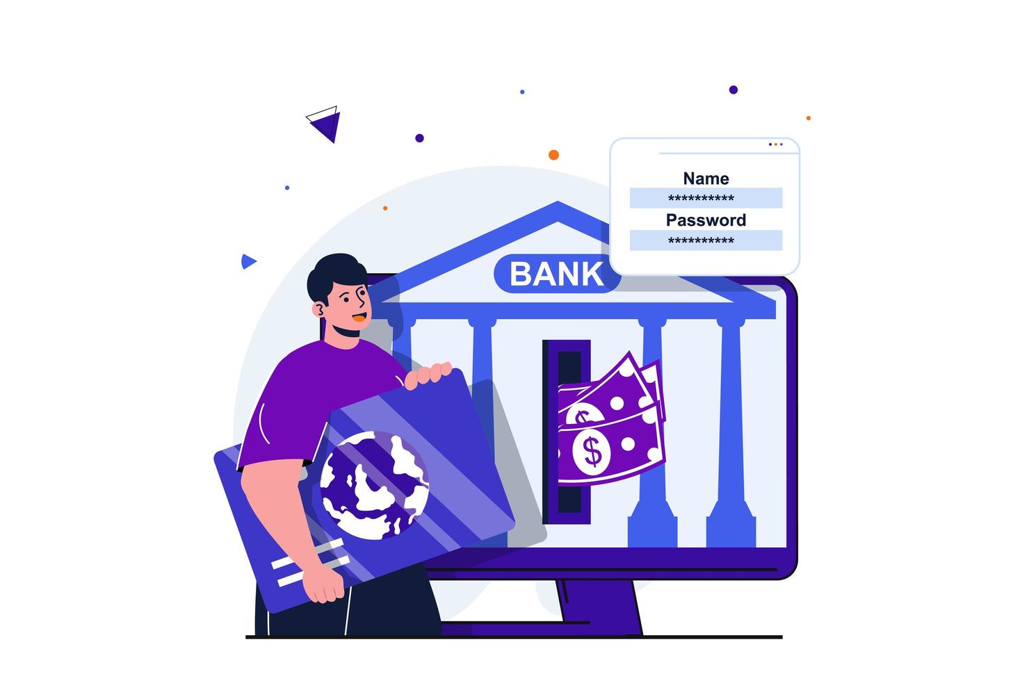 mobil bank modern platt koncept för webb banner design. man klient som använder kreditkort, genomför finansiella transaktioner och säkra överföringar online. vektor illustration med isolerade människor scen