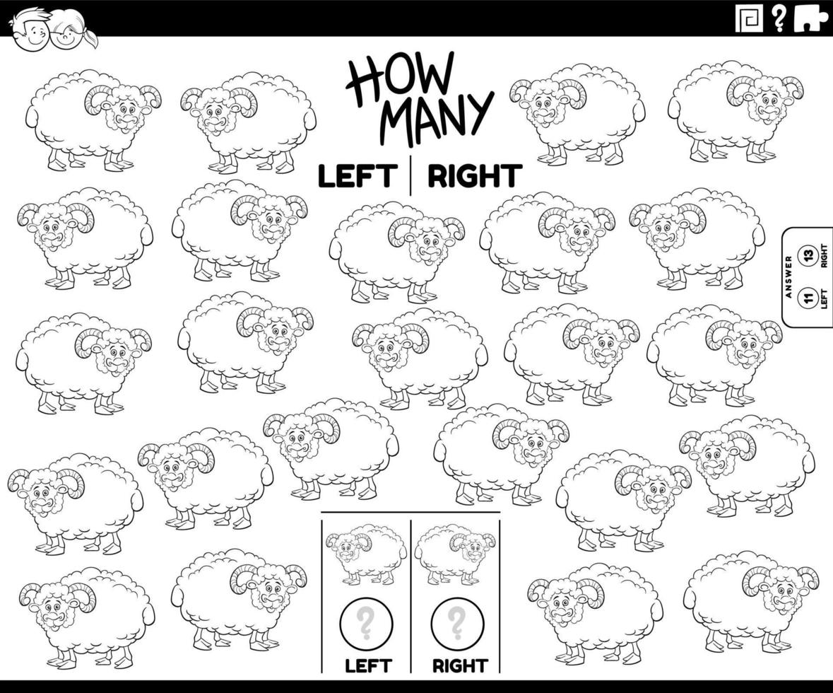 räkna vänster och höger bilder av tecknade får målarbok sida vektor
