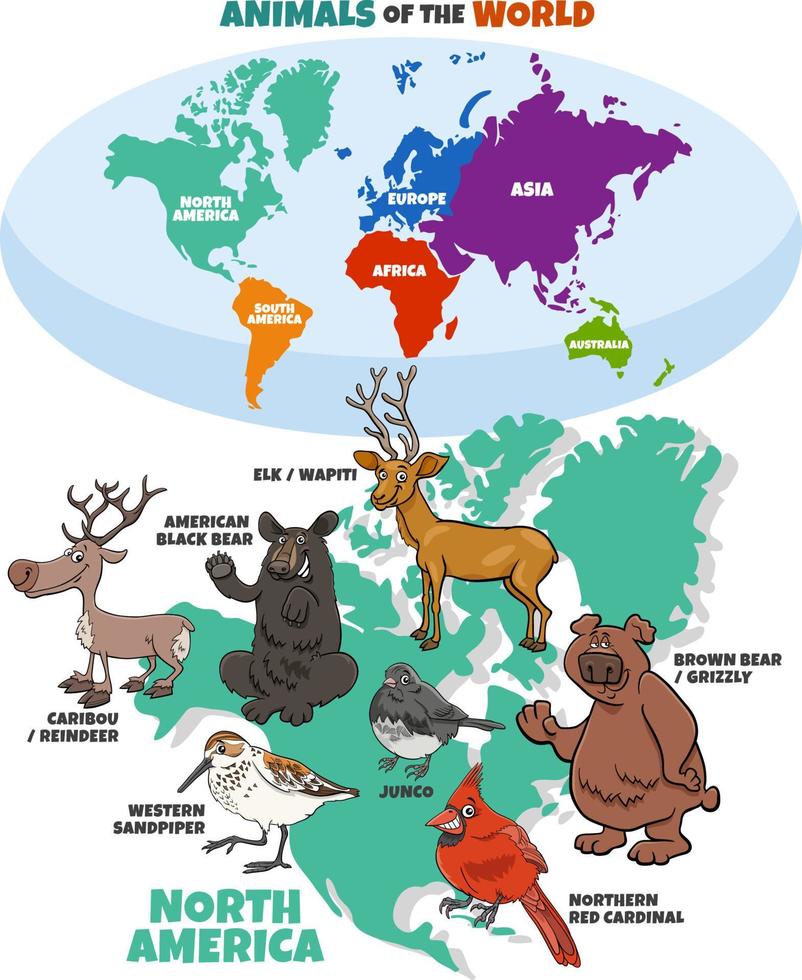 pedagogisk illustration med tecknade nordamerikanska djur vektor