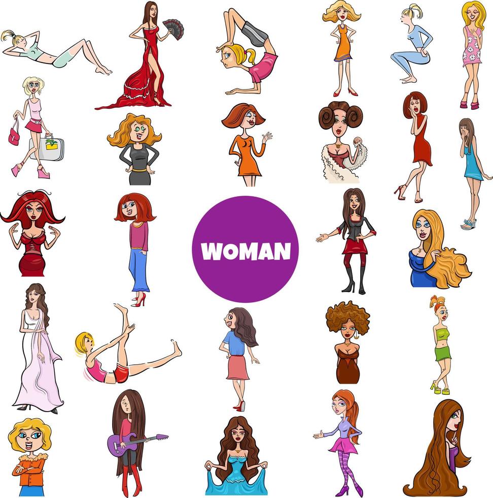 tecknade kvinnor och flickor karaktärer stor uppsättning vektor