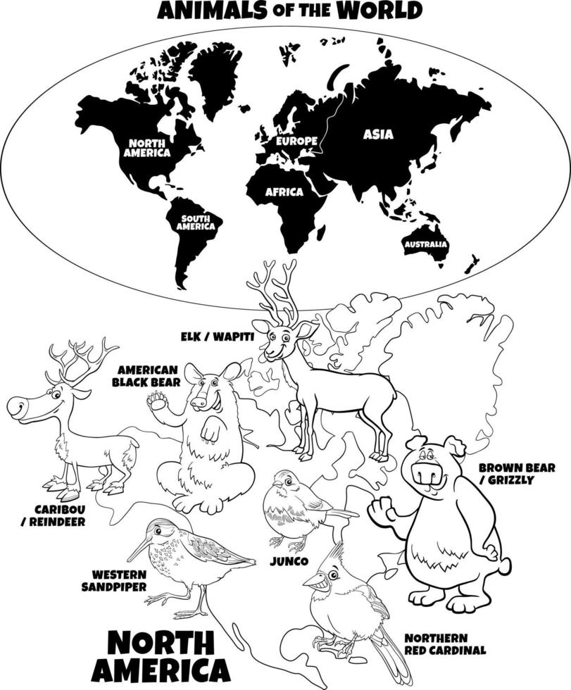 pedagogisk illustration med nordamerikanska djur färgbok vektor