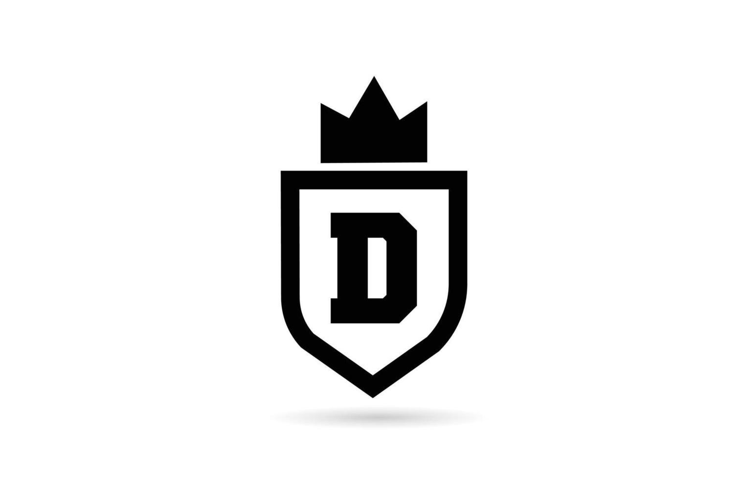 svart och vitt d alfabetet bokstavsikon logotyp med sköld och kung krona design. kreativ mall för företag och företag vektor