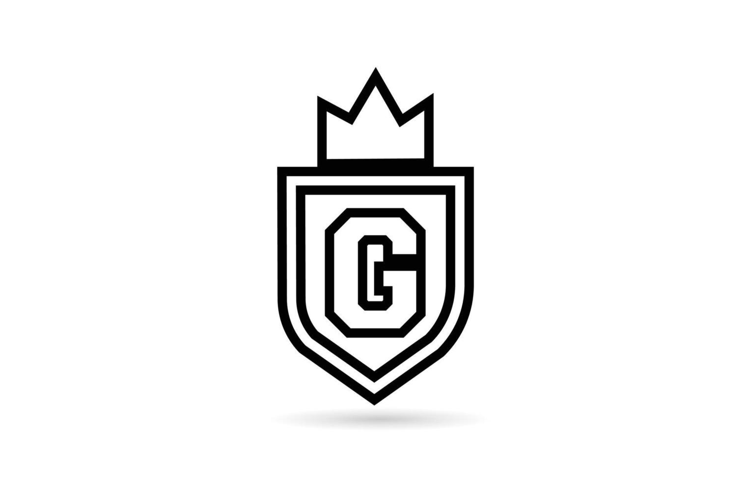 svart och vit g alfabetet bokstavsikon logotyp med sköld och kung krona linje design. kreativ mall för företag och företag vektor