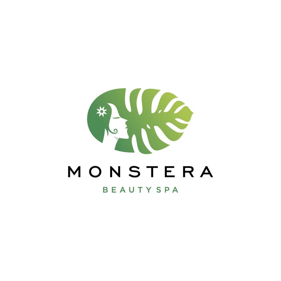 Abbildung natürliches Mädchen mit Monstera-Blatt-Logo-Vorlagenvektor vektor