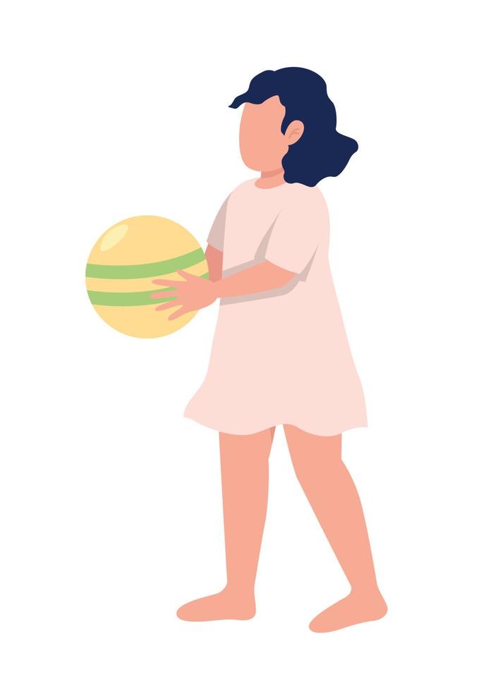 liten flicka håller bollen semi platt färg vektor karaktär