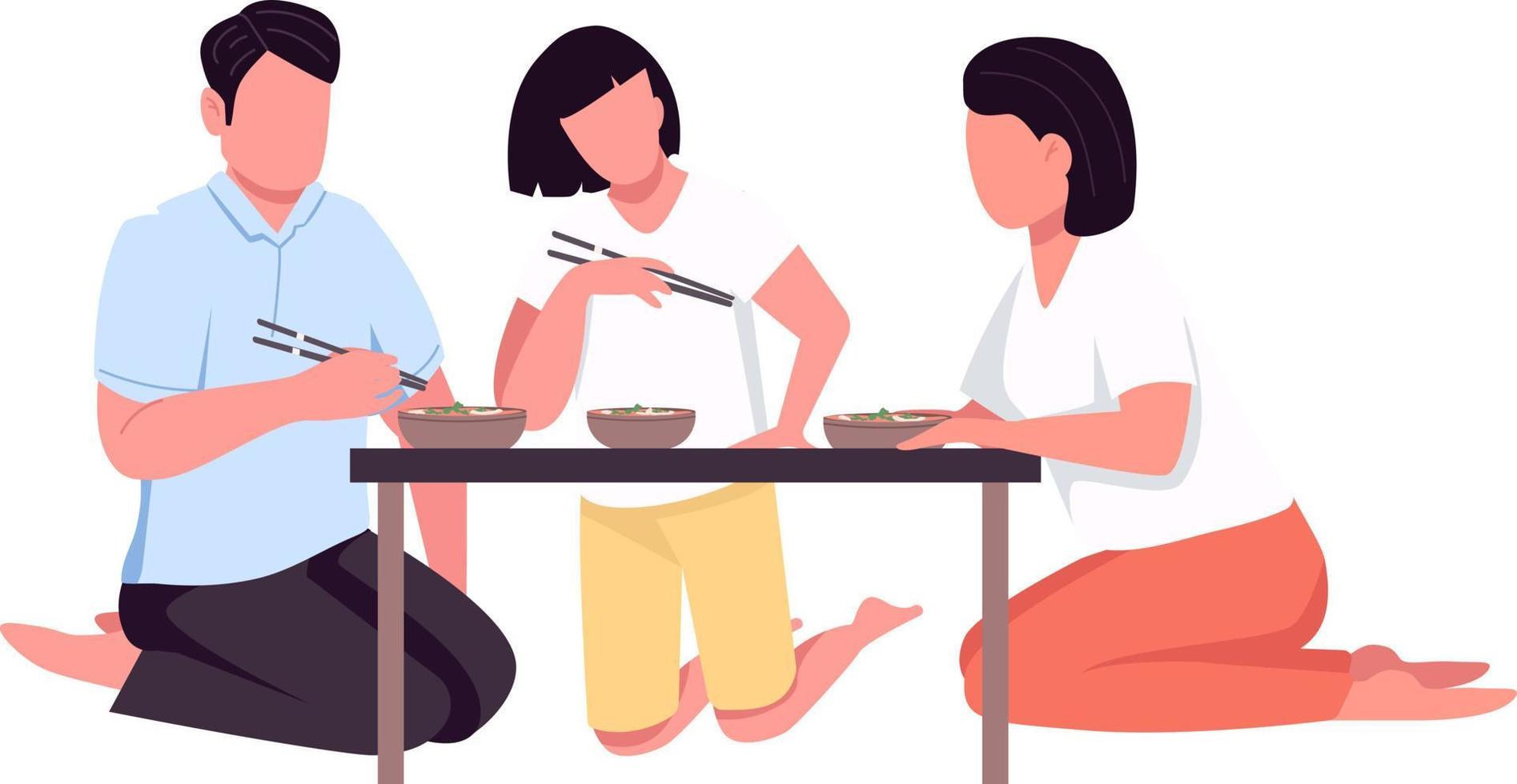 familj äta med pinnar semi platt färg vektor tecken