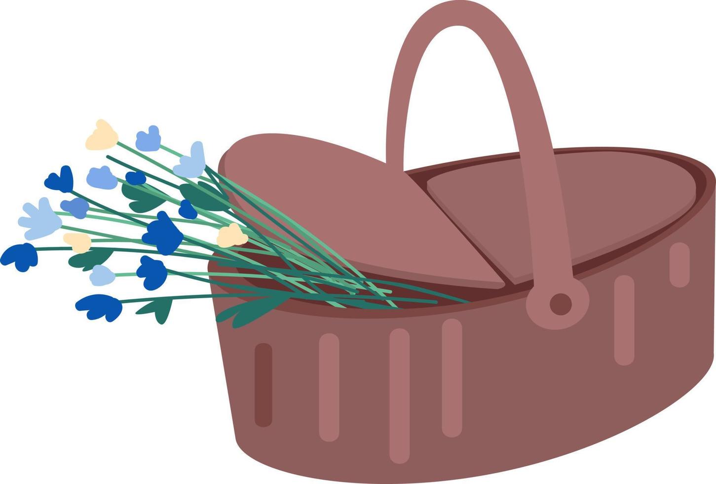 picknickkorg med blommor halv platt färgobjekt vektor