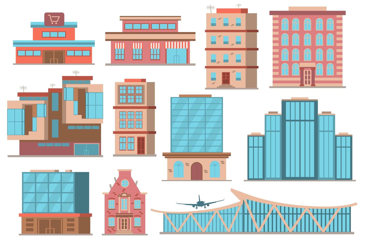 stadsbyggnader konceptsamling i platt tecknad design. olika typer av privata eller offentliga byggnader i modern arkitekturstil. fastigheter stadsbild som isolerade element. vektor illustration