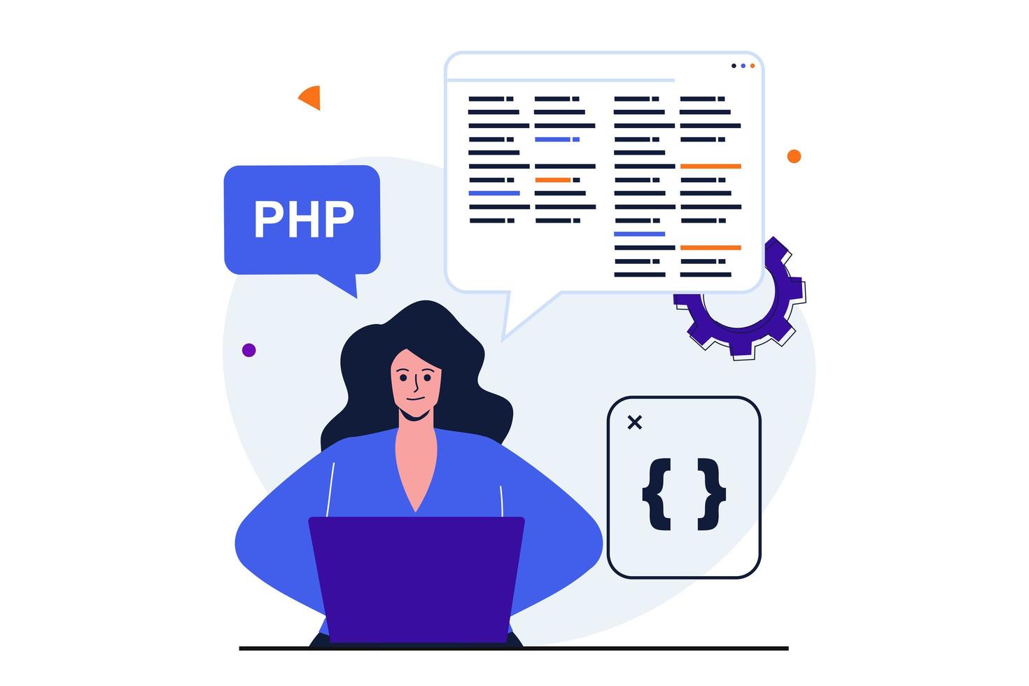 programmerare som arbetar modernt platt koncept för webbbannerdesign. kvinnlig utvecklare analyserar och optimerar kod på skärmen, teknik, arbetar på bärbar dator. vektor illustration med isolerade människor scen