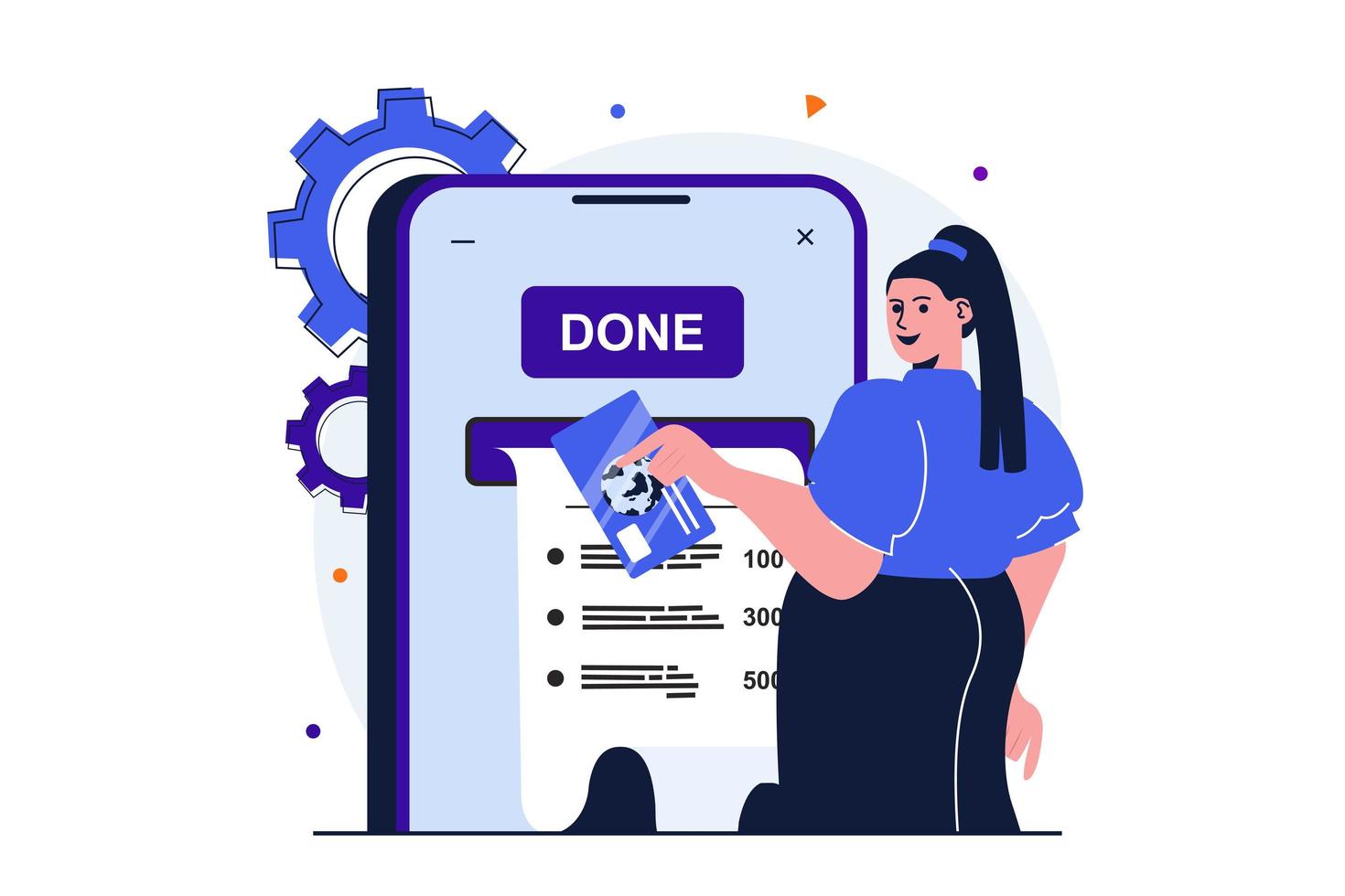 online betalning modern platt koncept för webb banner design. kvinna betalar räkningar och skatter med kreditkort i mobilappen. nätbankstjänst, e-affärer. vektor illustration med isolerade människor scen