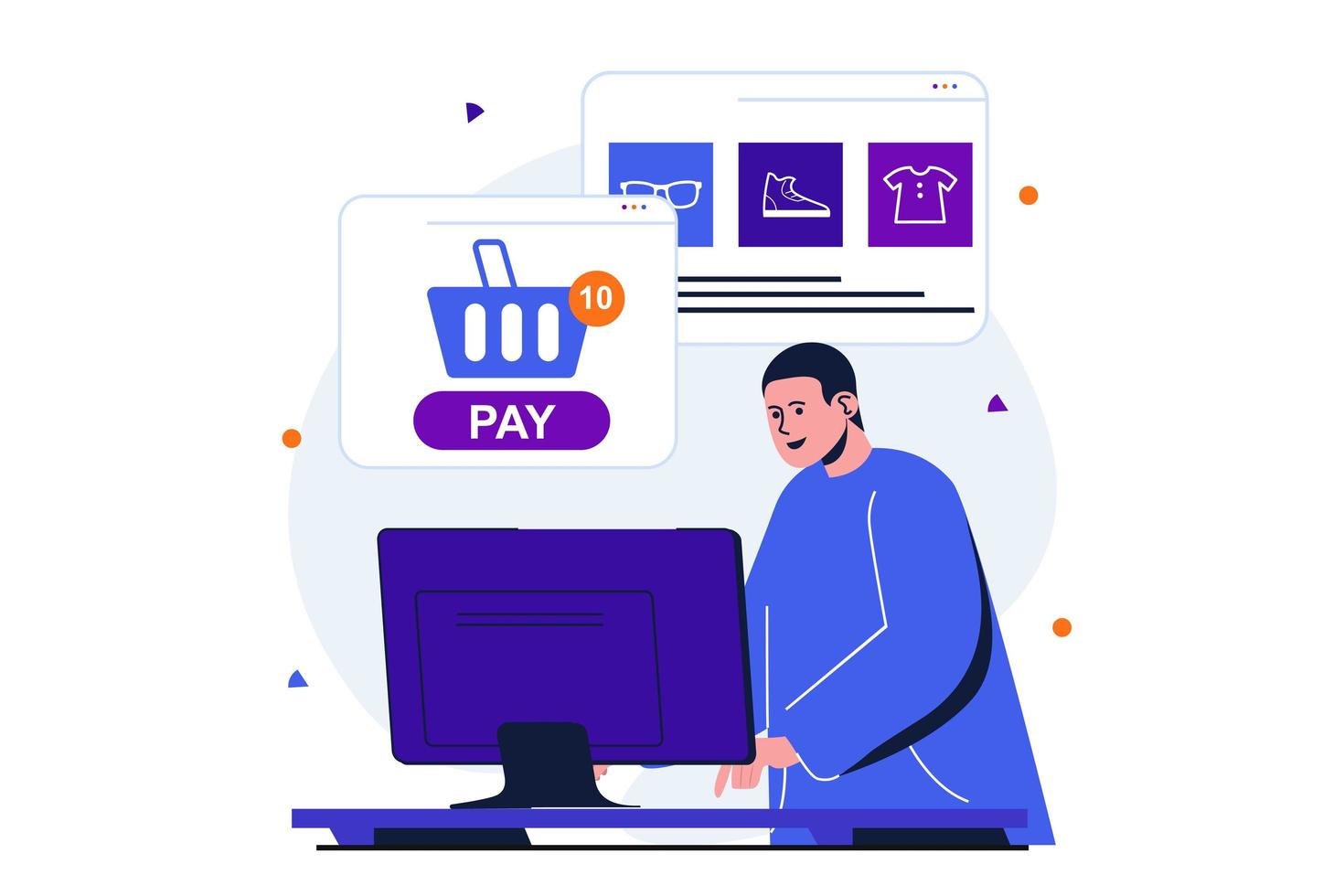 onlinebetalning modernt platt koncept för webbbannerdesign. kund gör köp i webbutik, blankettkorg och betalar för beställning från dator. vektor illustration med isolerade människor scen
