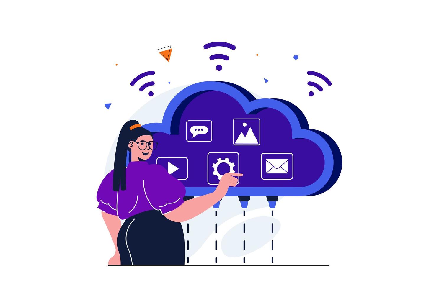 cloud computing modernes flaches konzept für web-banner-design. woman speichert Daten, Videos, Bilder, Online-Korrespondenz und E-Mails in einem sicheren Cloud-Speicher. vektorillustration mit lokalisierter personenszene vektor