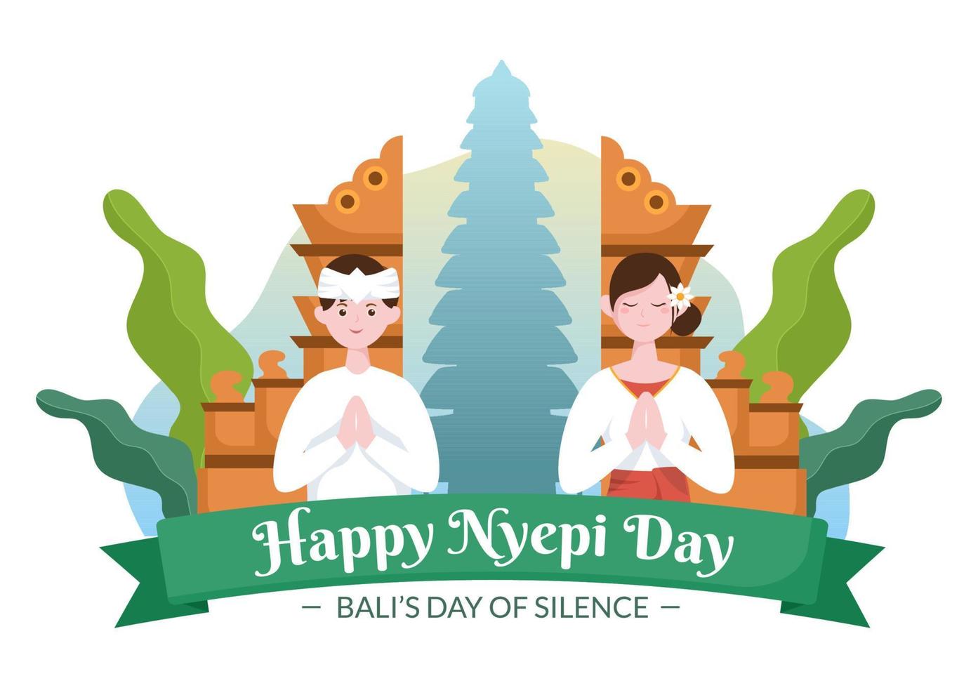 glad nyepi-dag eller balis tystnad för hinduiska ceremonier på bali med galungan, kuningan och ngembak geni i bakgrunden av tempelillustrationen vektor