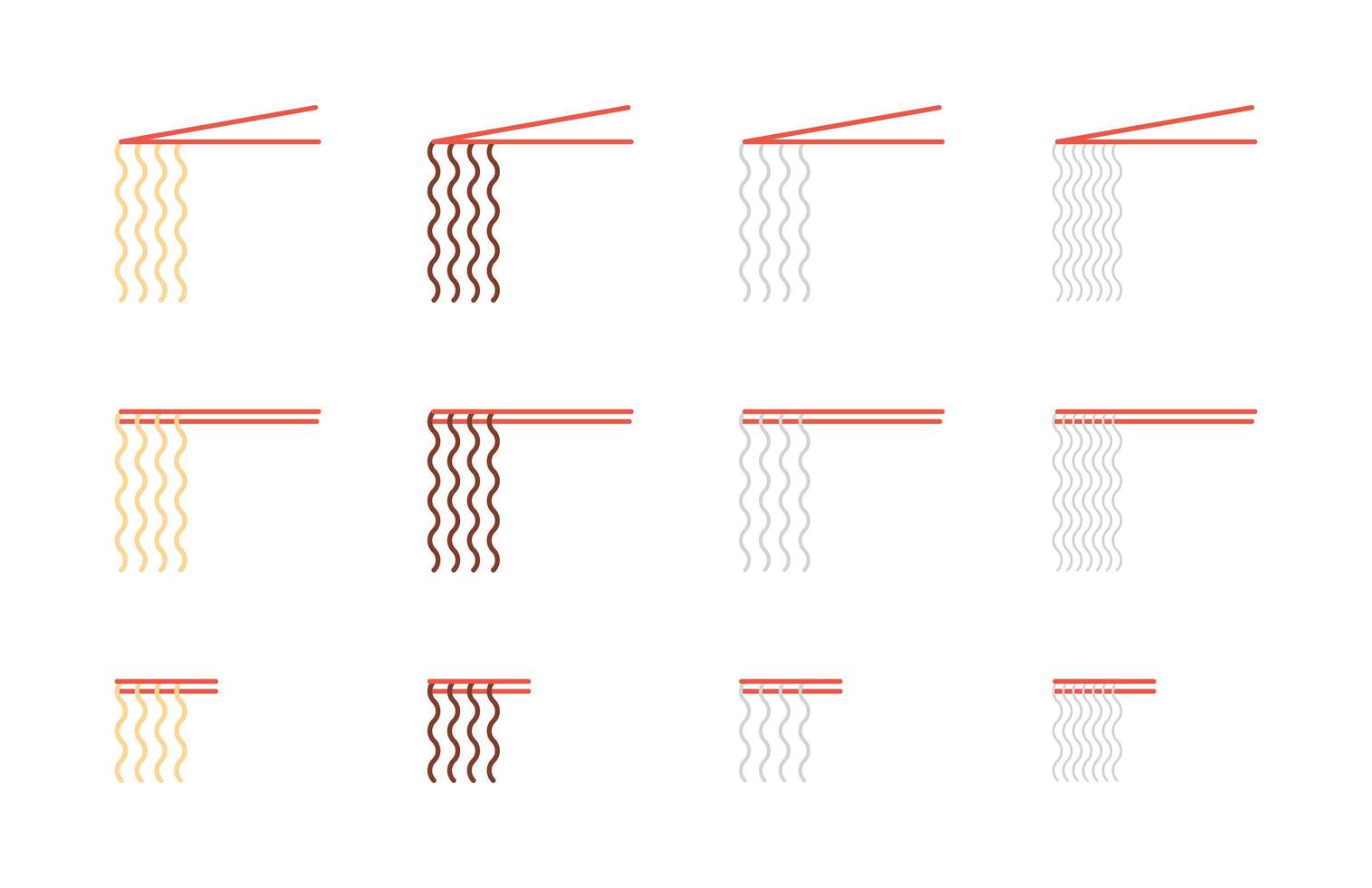 essstäbchen halten nudeln symbole gesetzt. udon, soba, reis, glas verschiedene nudelarten illustrationssammlung für restaurantmenü oder lieferwebsite. Vektorsymbole im dünnen Linienstil isoliert vektor
