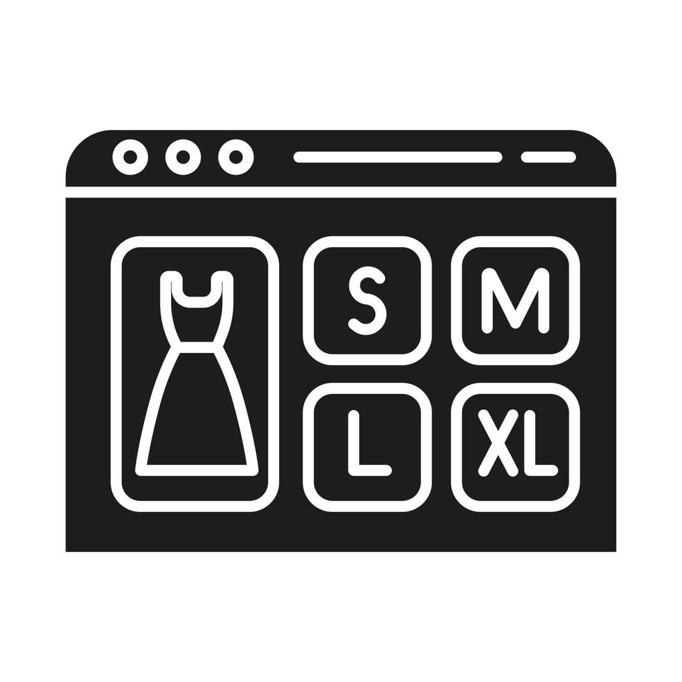 Wählen Sie das Glyphen-Symbol für die Kleidergröße. Online-Shop. Kauf und Bestellung von Waren im Internet. E-Commerce. Kleidungsmessung. Silhouettensymbol. negativer Raum. vektor isolierte illustration