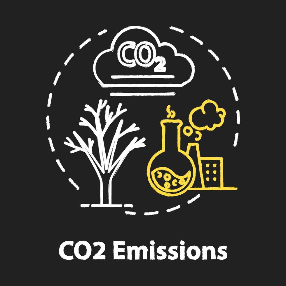 co2 emission krita rgb färg koncept ikon. anläggning och fabrikstillverkning. industriell kemisk förorening. idé om överkonsumtion. vektor isolerade svarta tavlan illustration på svart bakgrund