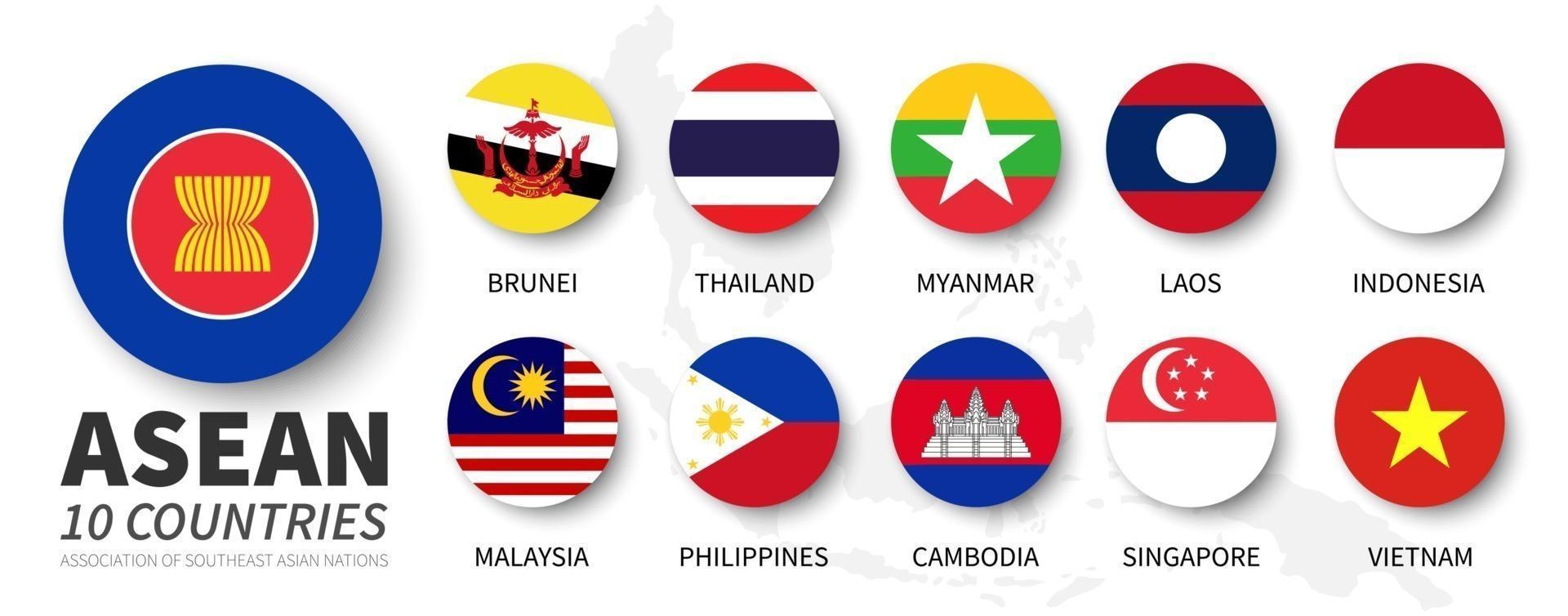 asean . Association of Southeast Asian Nations . och medlemsflaggor . platt enkel cirkeldesign. vektor .
