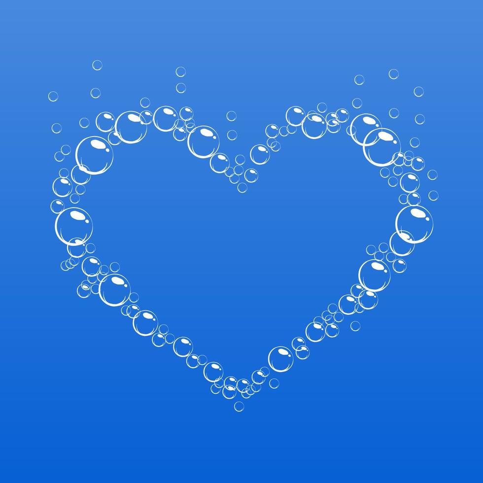 brusande bubblor ram i form av hjärta. tecknad tvål skum på blå bakgrund. realistisk vektorillustration. valentine och kärlek symbol. vektor