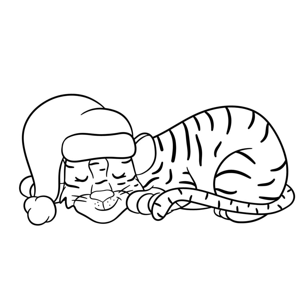 tiger i tomteluva sover i väntan på jul. symbolen för det nya året enligt den kinesiska eller östliga kalendern. kontur för färgläggning. vektor redigerbar illustration, tecknad stil