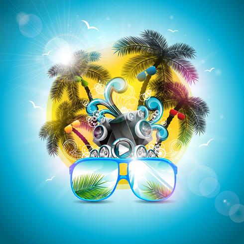 Sommerferien-Design mit Sprecher und Sonnenbrille auf blauem Hintergrund. Vektor-Illustration mit tropischen Palmen und Sonnenuntergang vektor