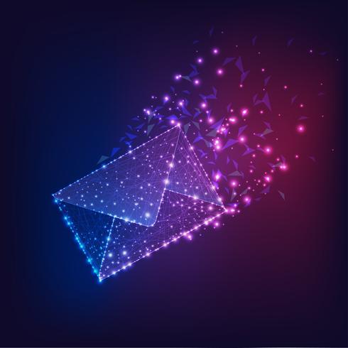 Futuristischer fliegender elektronischer Umschlag, E-Mail auf dunklem Steigungsblau zum purpurroten Hintergrund. vektor