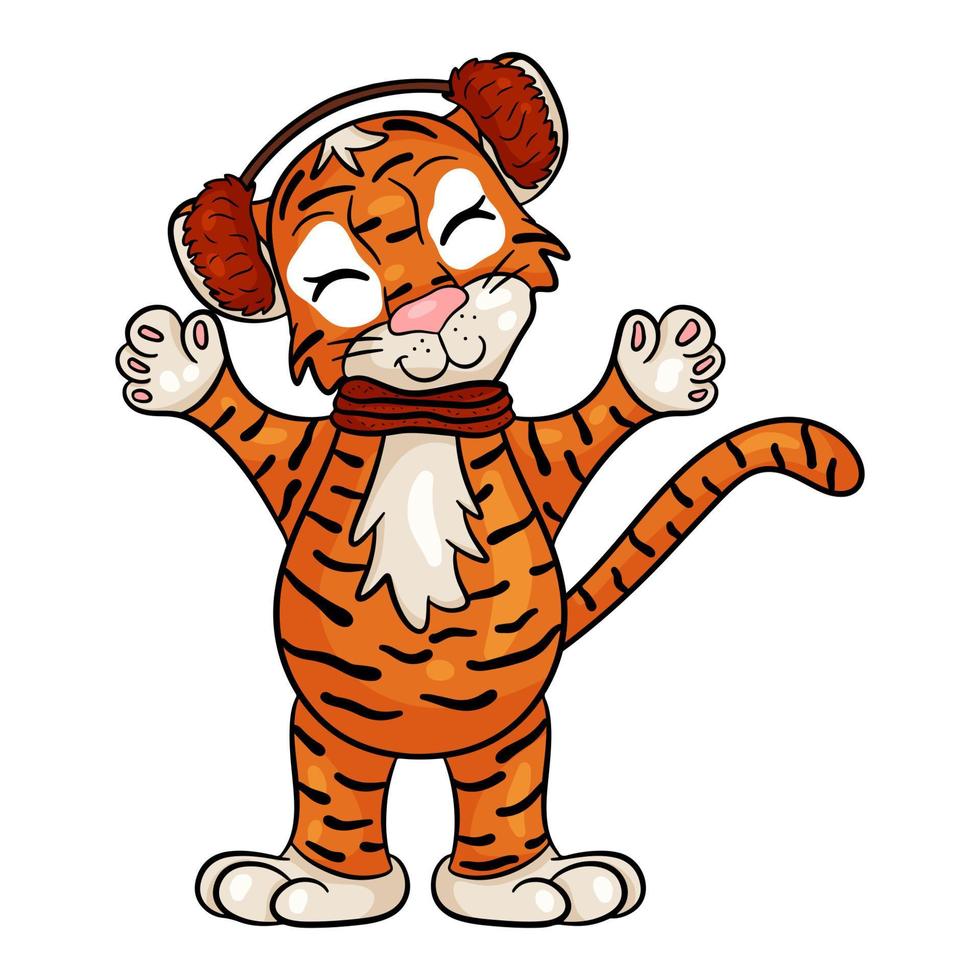 Tiger ist das Symbol des neuen Jahres 2022 nach dem chinesischen oder östlichen Kalender. Tragen von Kopfhörern gegen die Kälte und Schal. Vektor editierbare Illustration.