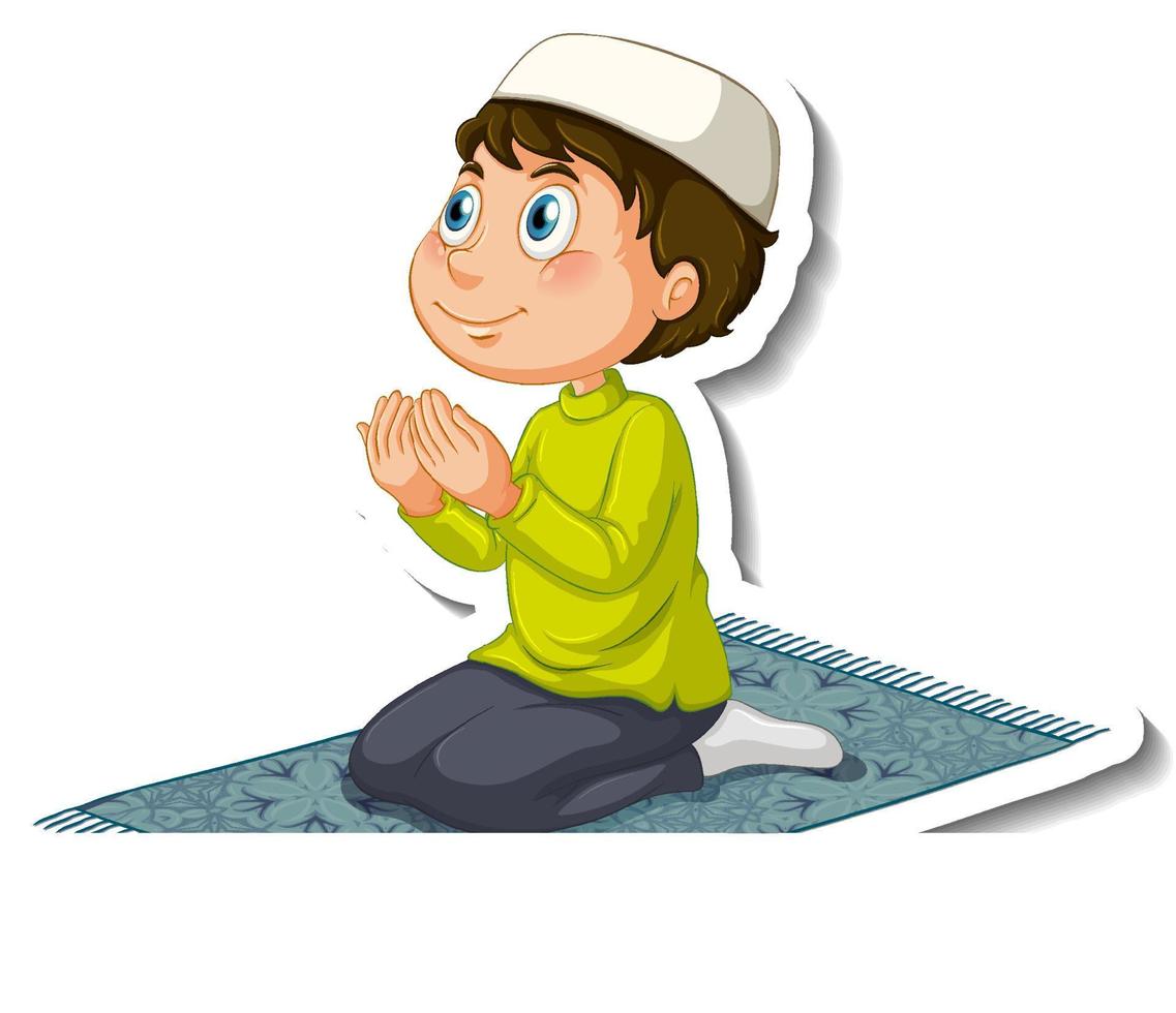 Aufklebervorlage mit einem muslimischen Jungen in betender Position isoliert vektor