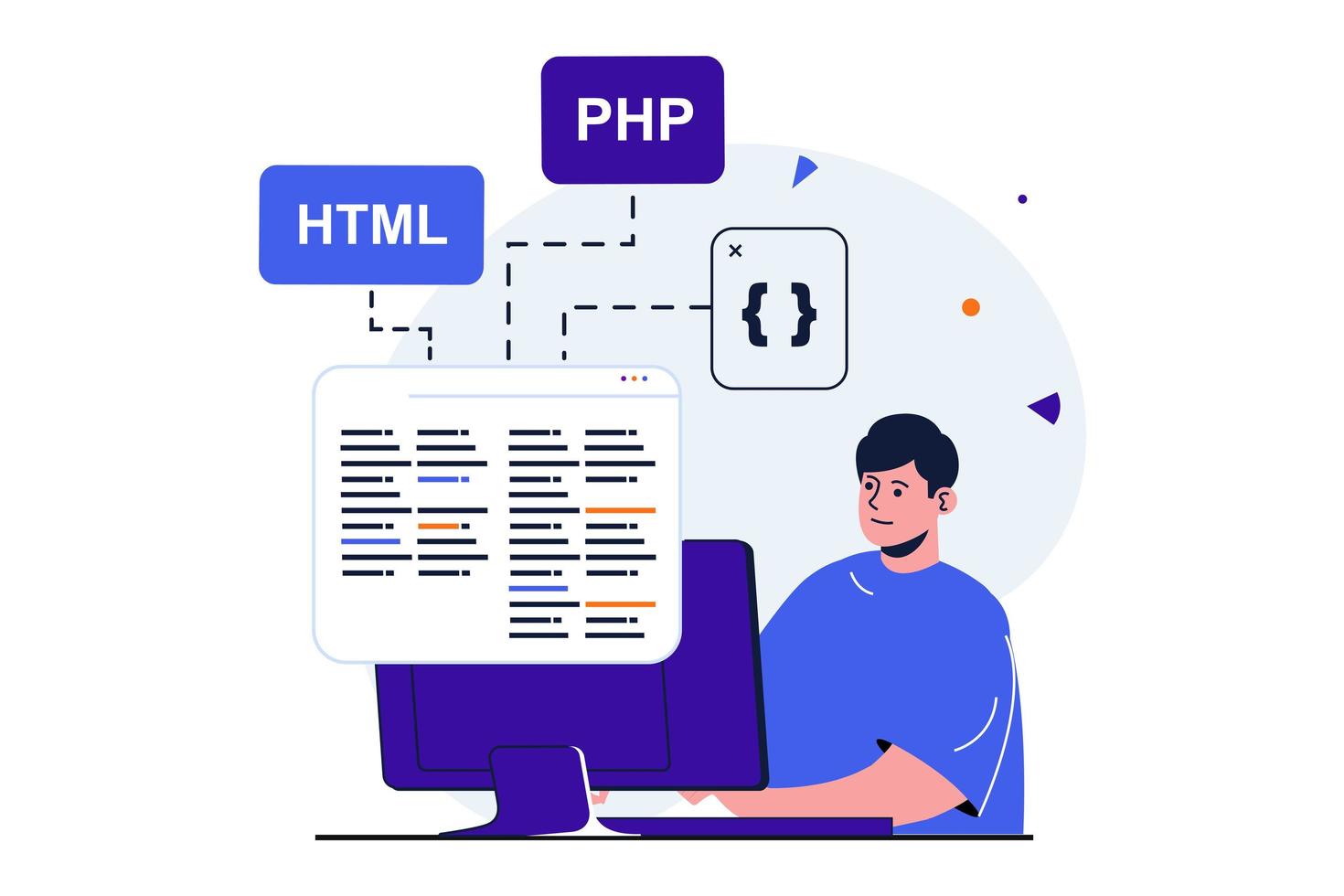 programmerare som arbetar modernt platt koncept för webbbannerdesign. man programmerar kod i html och php, testar och hittar kreativa lösningar, skapar mjukvara. vektor illustration med isolerade människor scen
