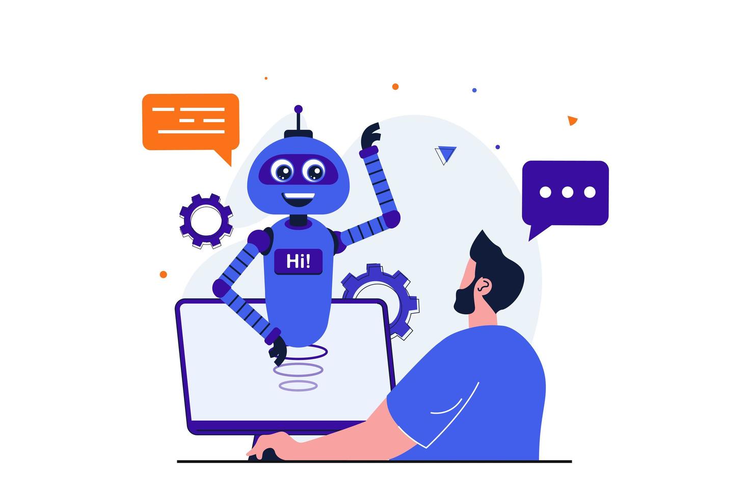 virtuell assistent modernt platt koncept för webbbannerdesign. man kontaktar teknisk support och besvaras av chatbotrobot med artificiell intelligens. vektor illustration med isolerade människor scen